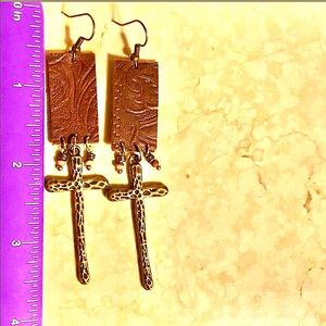 LONG CROSS EARRINGS DUSTER LENGTH TOOLED LEATHER